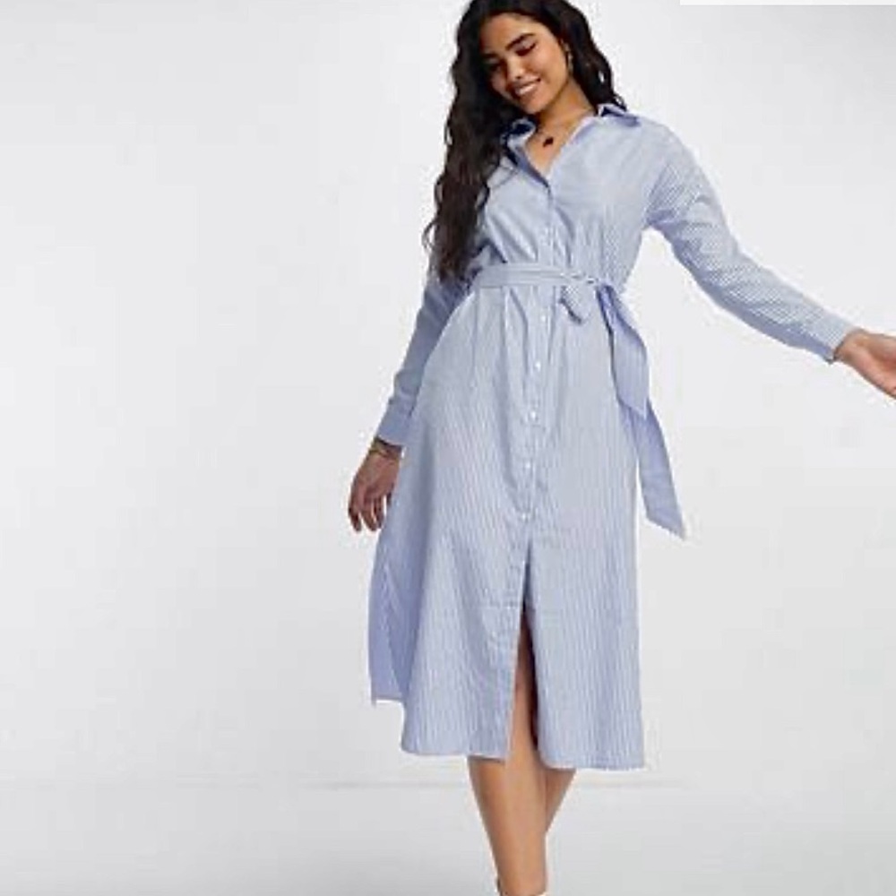 Miss Selfridge poplin belted midi shirt dress in blue stripe, Size US12, BNWT 🎀